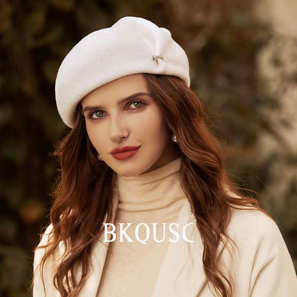 

beanieskull caps elegant ladies wool beret british vintage painter hat woolen solid color warm felt beret's cashmere 230211, Blue;gray