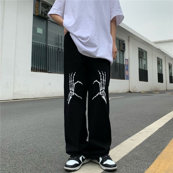 

men's jeans hip hop black men fashion printing denim trousers spring autumn ins retro wide leg pants oversized man clothing streetwear, Blue