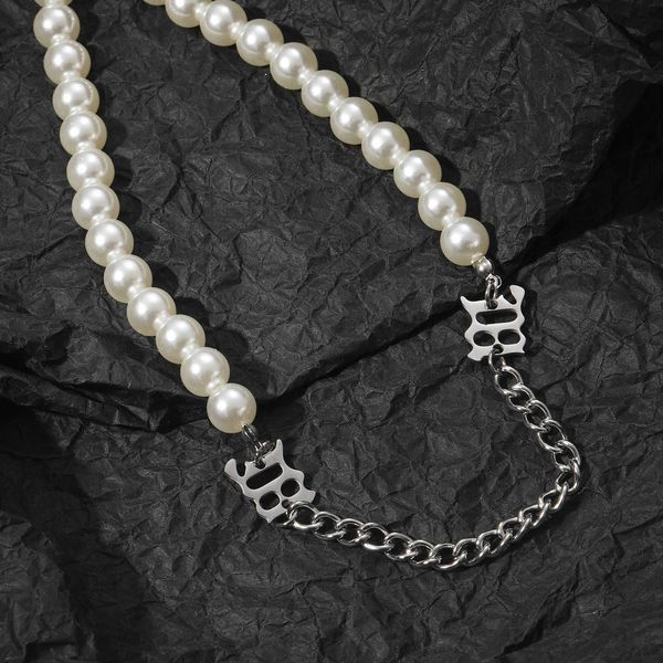 

deng ziqi's same stainless steel m-letter hip-hop clavicle chain for men and women to wear 10mm freshwater pearl necklace, Silver