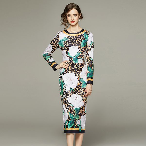 

2023 designer leopard print bag hip dress women weekend cafe long sleeve runway dresses elegant spring autumn ladies o-neck slim party frock, Black;gray