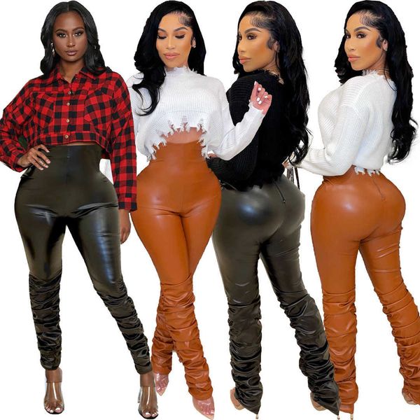 

women's pants capris ac9123 women's clothing recommended pure color pu leather pleated casual pants t230210, Black;white