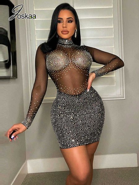 

party dresses joskaa rhinestone mesh see through mini dresses women hipster o-neck long sleeve bodycon dress 2023 elegant party clubwear t23, White;black