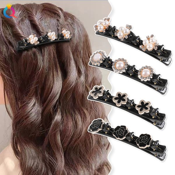 

bling crystal ribbon braided hair clips fashion four leaves duckbill hairpin with 3 small clips rhinestones bangs barrettes for girls 1604, Slivery;white