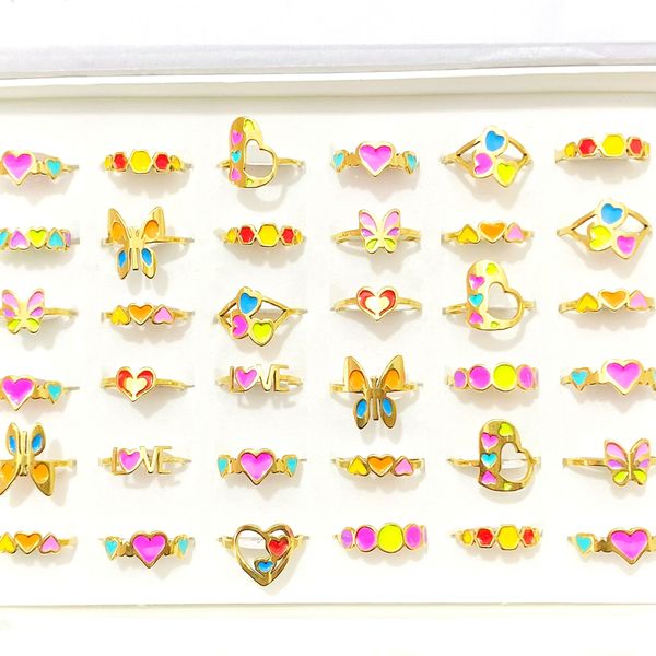 

30pcs mixed sweet colorful paint finger rings for women lovers stainless steel wedding charms heart butterfly summer fashion party jewelry a, Slivery;golden