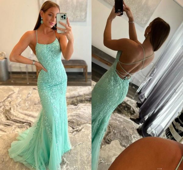 

2023 spring green prom dresses mermaid lace applique spaghetti straps back custom made ruched evening party gowns vestidos formal occasion w, Black