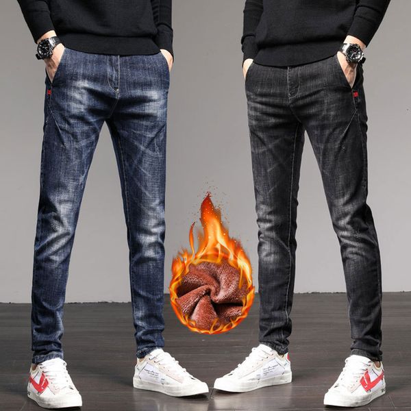 

men's jeans stretch slim fit pants winter plush thick warm 230211, Blue