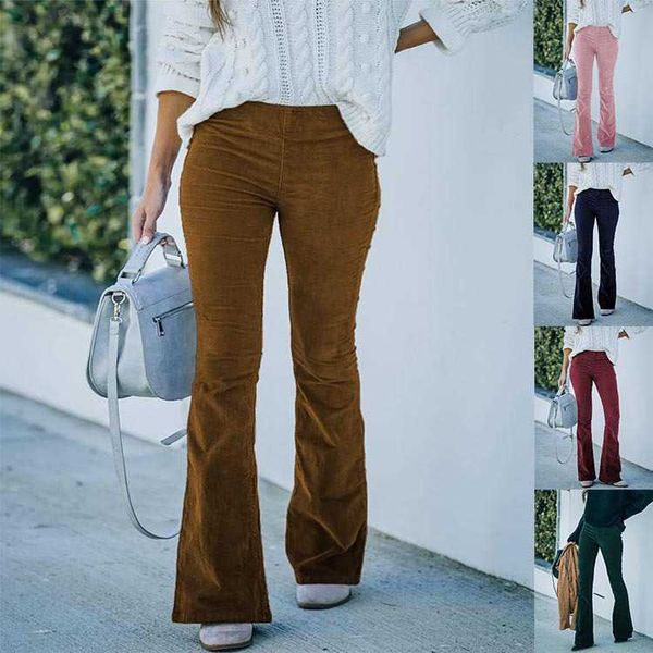 

women's pants capris 2023 spring and summer women's pure color high-waisted slim micro flared trousers corduroy elastic waist casu, Black;white