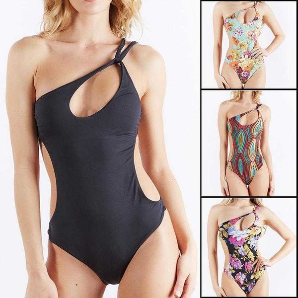 

single shoulder womens swimwear one piece swimming suit cutout thin bikini, White;black