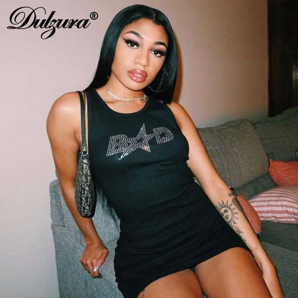 

casual dresses dulzura letter rhinestone ribbed women tank mini dress sleeveless bodycon streetwear party club elegant fashion 2021 summer t, Black;gray
