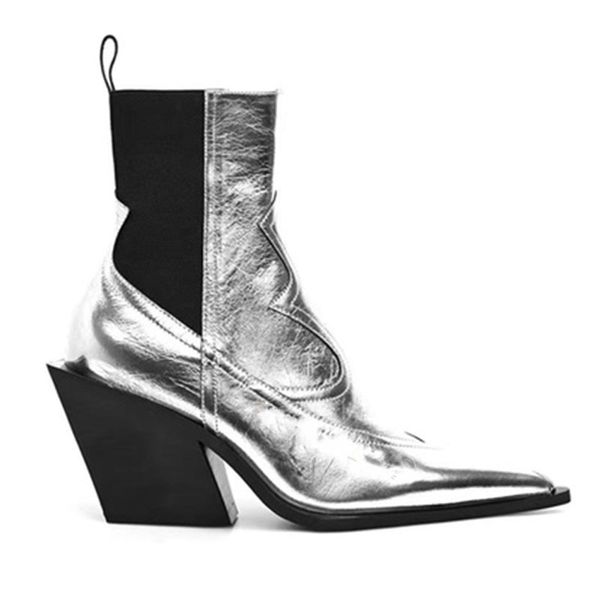 

pointed toe wedge chelse boots women black silver patent leather fashion woman t show booties