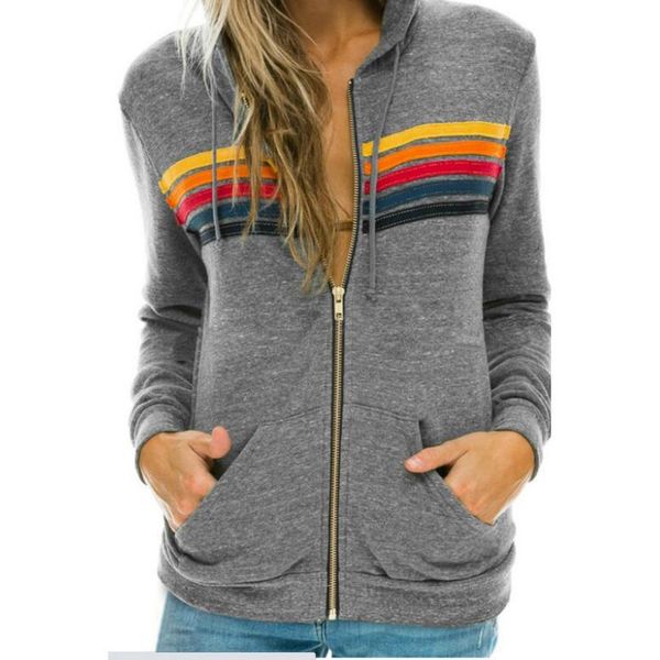 

2023 spring women's fashion sweatshirts oversized rainbow striped long-sleeved hoodie zipper pocket coat, Black