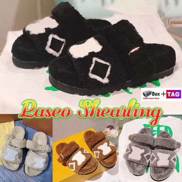 

with box paseo flat comfort slippers shearling fur warm indoor slides winter sandal wool women shoes platform plush furry sandals fluffy oi, Black