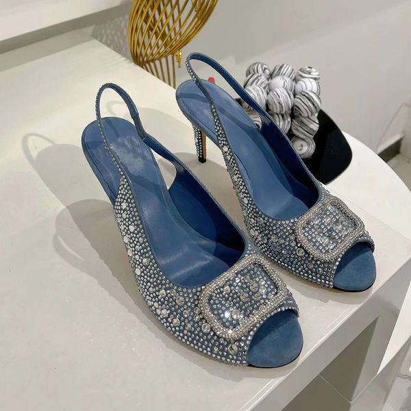 

high heeled sandals rhinestone ankle open toe banquet shoes luxury designer womens dress shoe classic square button decoration 7.5cm stilett, Black