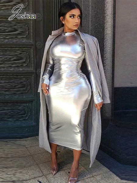 

party dresses joskaa shiny silver pu leather party dress women round collar long sleeve bodycon midi dresses autumn 2022 elegant clubwear t2, White;black