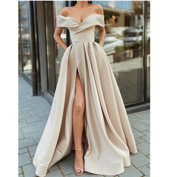 

off the shoulder champagne high slit long prom dresses v-neck floor length arabic evening gowns robe de soiree, Black