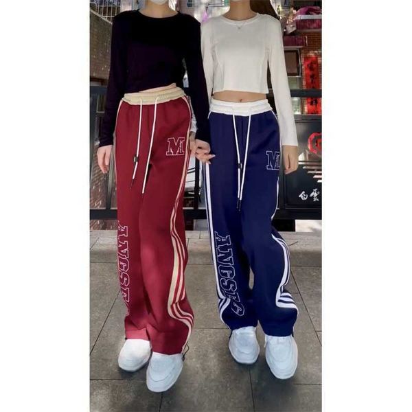 

women's pants capris high street american style sports pants spring and autumn 2023 letter embroidery casual splicing drawcord loose dr, Black;white