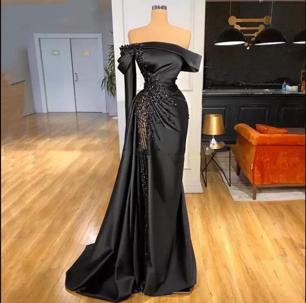 

off-shoulder black mermaid pageant party gown luxury beaded pearls evening dresses formal long party night prom dress, Black;red
