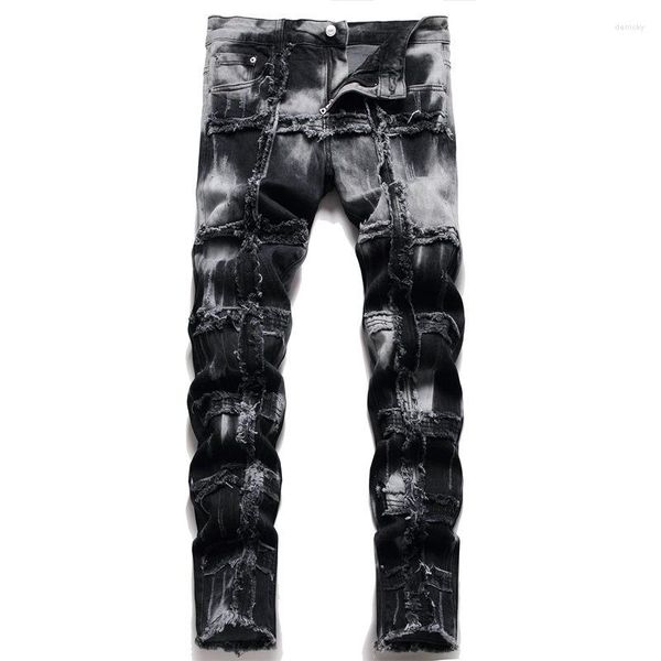 

men's jeans quality men's patchwork motorcycle high biker streetwear fashion stretch denim pants black casual straight trousers, Blue