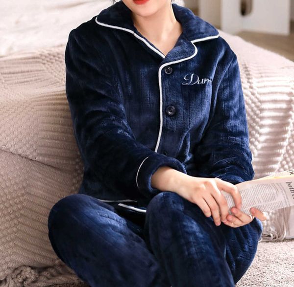 

autumn and winter flannel women's pajamas plush thickened coral velvet two-piece household clothing couple warm suit
