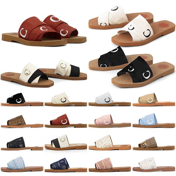 

2023 slipper womens woody mules flat summer beach slides white black canvas square toe lace embroidery snake outdoor sandal size 35-42