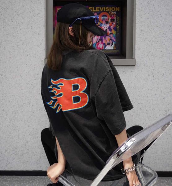 

men's hoodies sweatshirts summer b house flame alphabet printing washing used men's and women's short sleeve t-shirt r966, Black