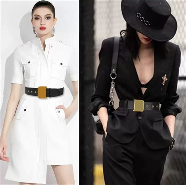 

women belts ladies evening tunic dresses luxury leather belt classic gold letter buckles designer black leather 5.0 wide girl binding waist, Black;brown