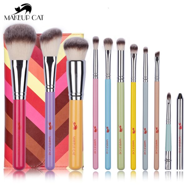 

eye shadow makeup cat cosmetic brush colourful handle set 10pcs synthetic hair brushes portable bag soft make up tools beginer 230211