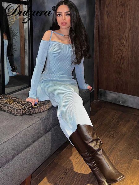 

casual dresses dulzura solid ribbed women long sleeve off shoulder strap midi dress bodycon streetwear party club festival evening 2022 t230, Black;gray