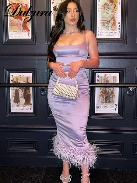 

casual dresses dulzura summer satin zipper feather y2k outfit sleeveless backless side slit bodycon midi dresses for women 2022 club party t, Black;gray