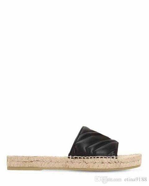 

with box womens leather espadrille flats slippers girls fashion rubber slide sandals with 10mm rope covered rubber sole bd, Black