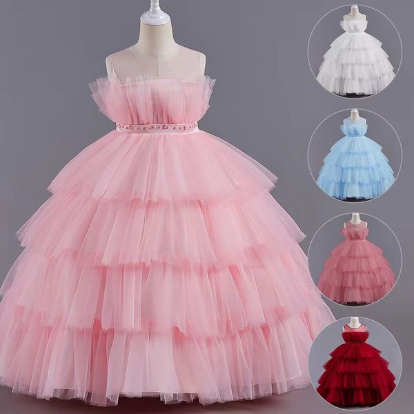 

blush pink lovely flower girls dresses for weddings tiered skirts 3d floral appliqued kids formal wear backless long girls pageant dress tut, White;blue