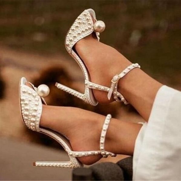 

handmade white pearl beading sandals ankle strap fashion high heel wedding dress shoes womens gladiators, Black