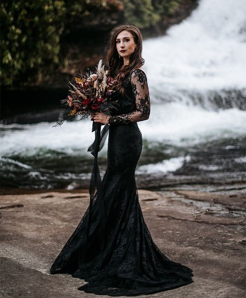 

gothic style black lace mermaid wedding dresses long sleeve backless country bridal gowns v-neck vintage bride dress custom made 2023, White
