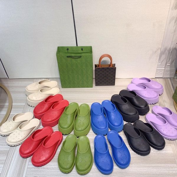 

with box 2022 women's platform perforated double g sandal hibiscus red rubber slipper designer luxury fashion classic ladies beach stri, Black