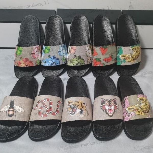 

2023 platform designer rubber slides sandal floral brocade fashion mens gear bottoms flip flops slippers striped womens sandals designers lo, Black