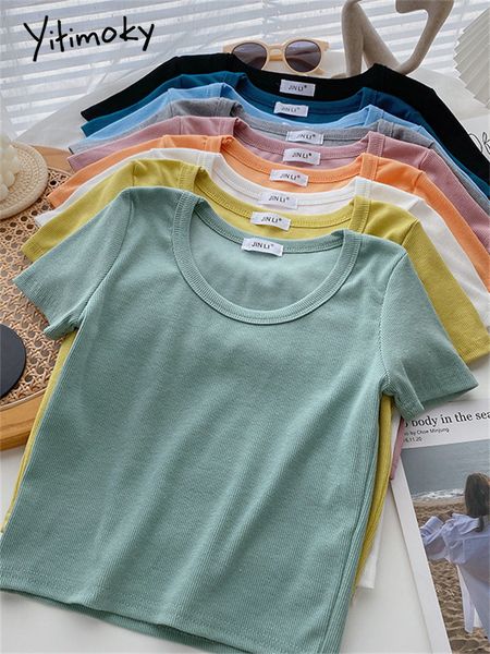 

women s t shirt yitimoky solid chic t shirts for women summer 2023 korean fashion slim o neck short sleeve crop ladies casual tee 230213, White