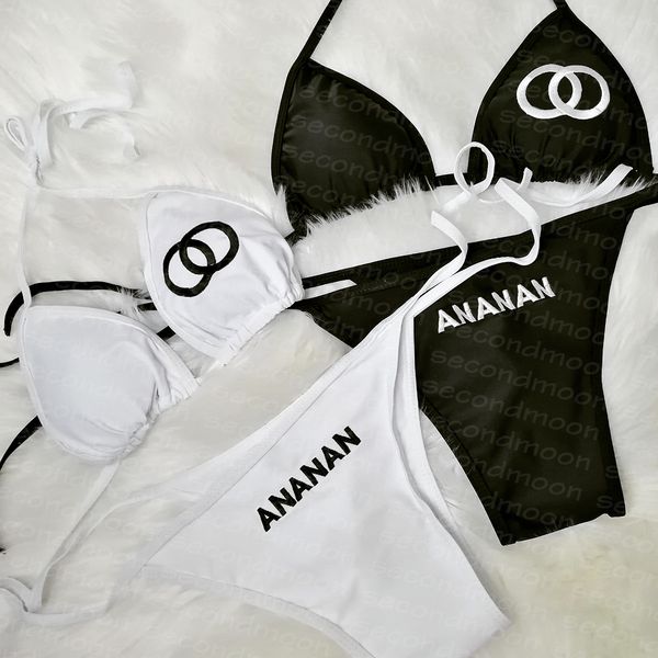 

embroidered letter swimwear women bikinis set fashion backless bathing suit halter neck swim suits, White;black