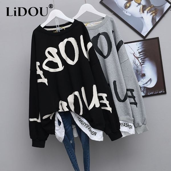 

womens hoodies sweatshirts autumn letter print loose casual cotton sweatshirt female streetwear y2k pullover broken hole design all match ju, Black