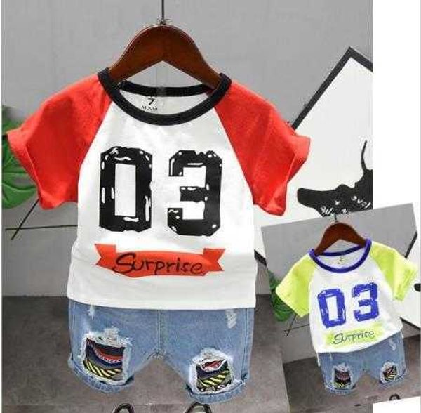 

sets children's suit boy shortsleeved clothing stitching fashion letter printing shortsleeved ripped jeans twopiece kids of ye, White
