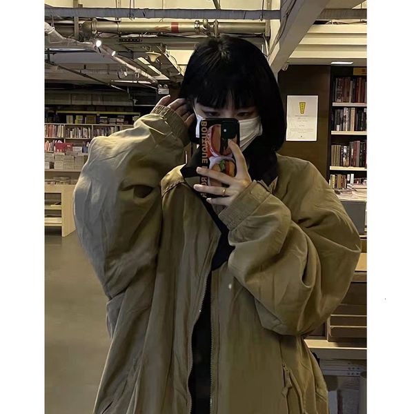 

women's jackets japanese ins antique khaki loose and versatile vintage style plush thickened tooling couple coat 230213, Black;brown