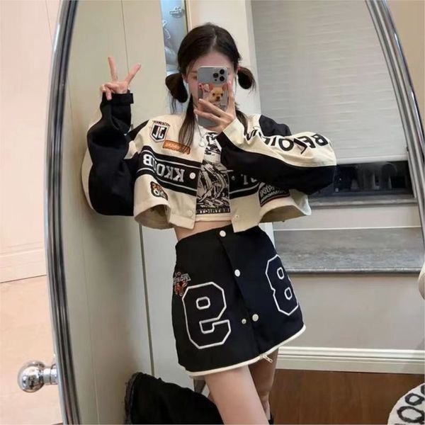 

women's jackets woman's varsity embroidery long sleeves race car vintage detachable hem coat winter baseball y2k chic 230213, Black;brown