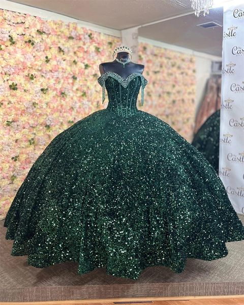 

hunter green princess quinceanera dresses 2023 beaded tassels off shoulder lace-up corset prom vestidos de quinceanera mexicana, Blue;red