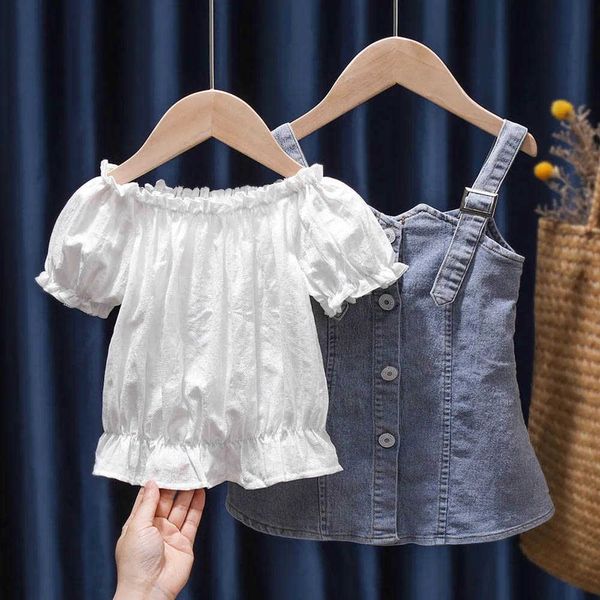 

clothing sets kids clothes summer new girl lace solid color shirt short sleeve denim skirt two piece set fashion girls outfits, White