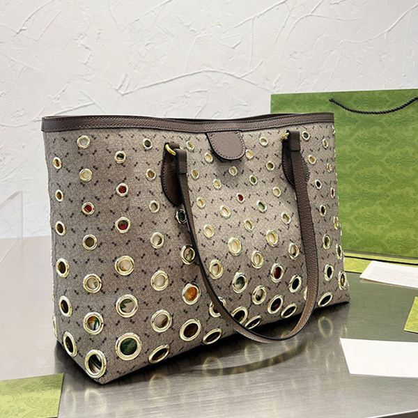 

hollow out tote bag large capacity shopping bag ophidia women handbags metal eyelets shoulder bags classic letter floral inside zipper pocke