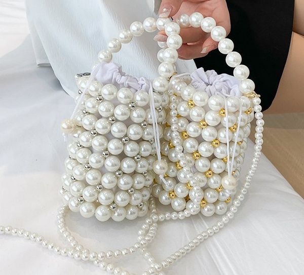 

summer girls pearls weaving handbags kids beades chain single shoulder bag lady style children messenger bucket bags z0191, Black
