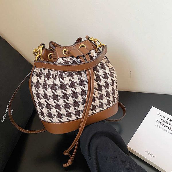 

wool bucket design crossbody bag for women 2022 autumn and winter houndstooth shoulder purses handbags bolsa feminina