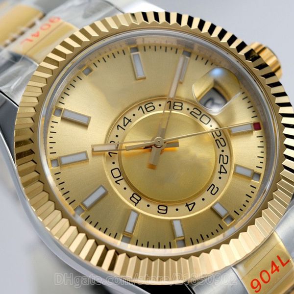 

luxury rlx watch sky black inde men watches fluted bezel 42mm champagne dial gold oystersteel bracelet 904l stainless steel oyster perpetual, Slivery;golden