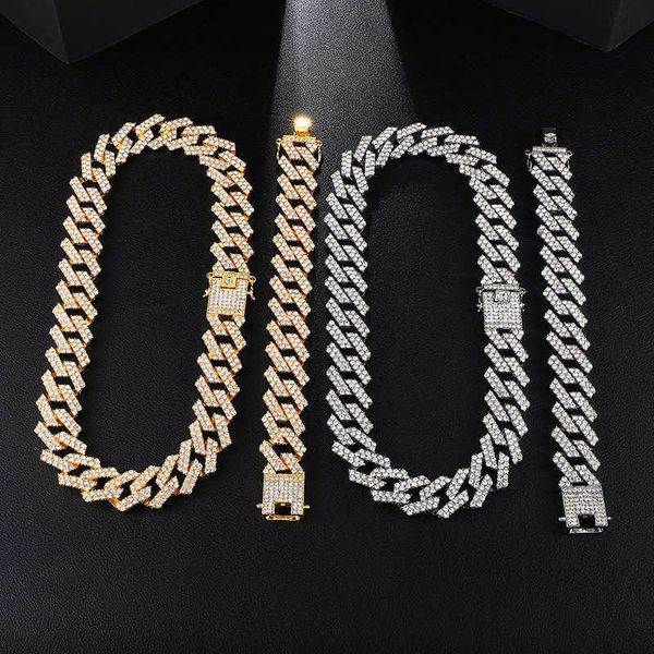 

hip hop 1set 20mm gold heavy miami prong full iced out paved rhinestones cuban chain cz bling rapper necklaces for men, Silver