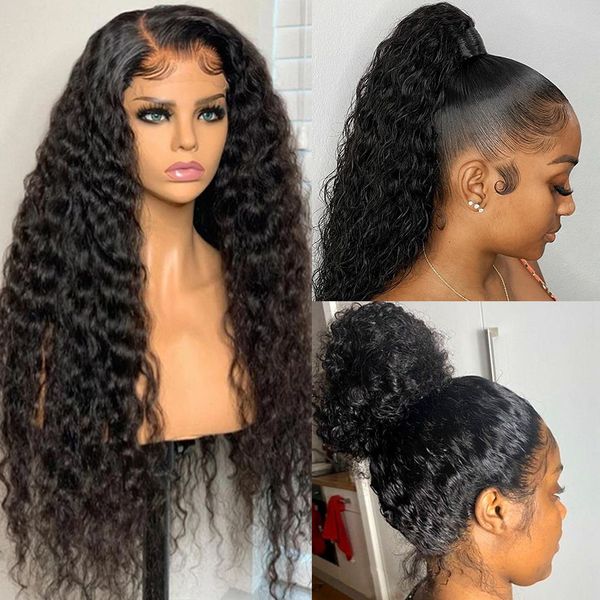 

360 full lace frontal wig brazilian deep wave lace front human hair wigs for women wet and wavy curly human hair wig pre plucked, Black