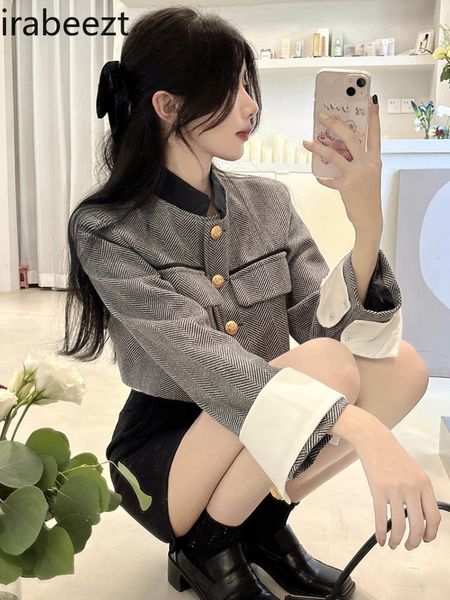 

women's jackets irabeezt for women plaid french stand collar tweed short coats korean fashion gray jacket winter female clothes 230213, Black;brown